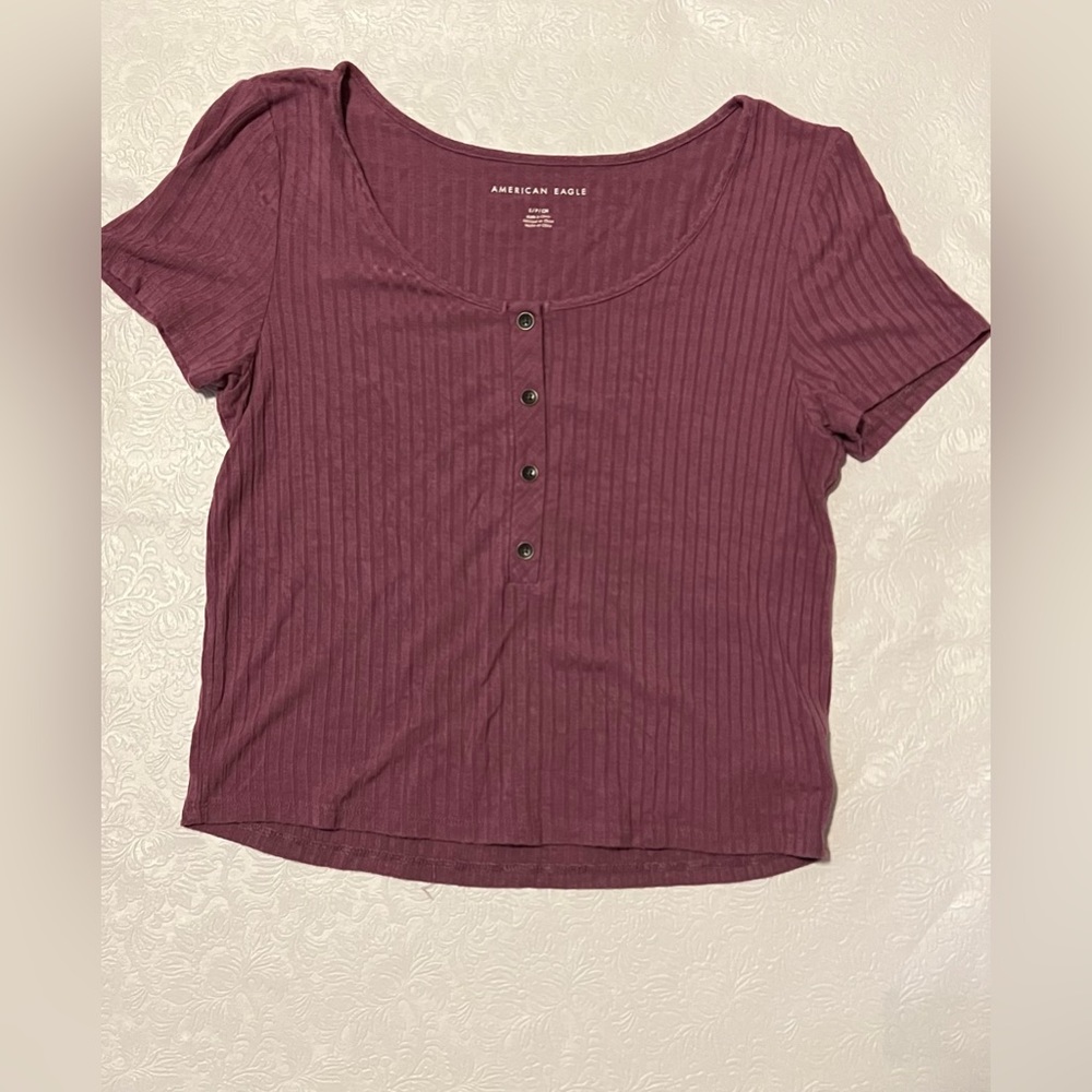 American Eagle Burgundy Ribbed Button Down Crop Top